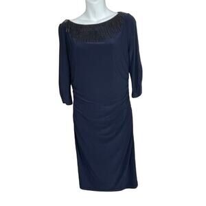 Adrianna Papell Dress Size 10 Blue Embellished‎ Neckline Ruched Drape